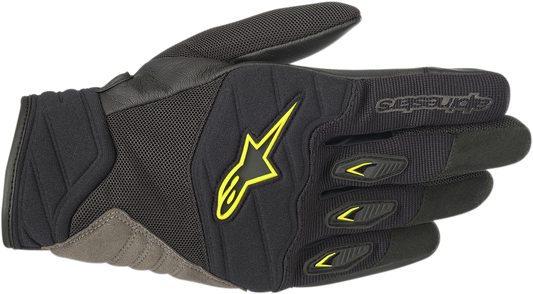 Alpinestars Shore Gloves in black and fluo yellow, 3XL size, showing protective design and adjustable wrist strap.