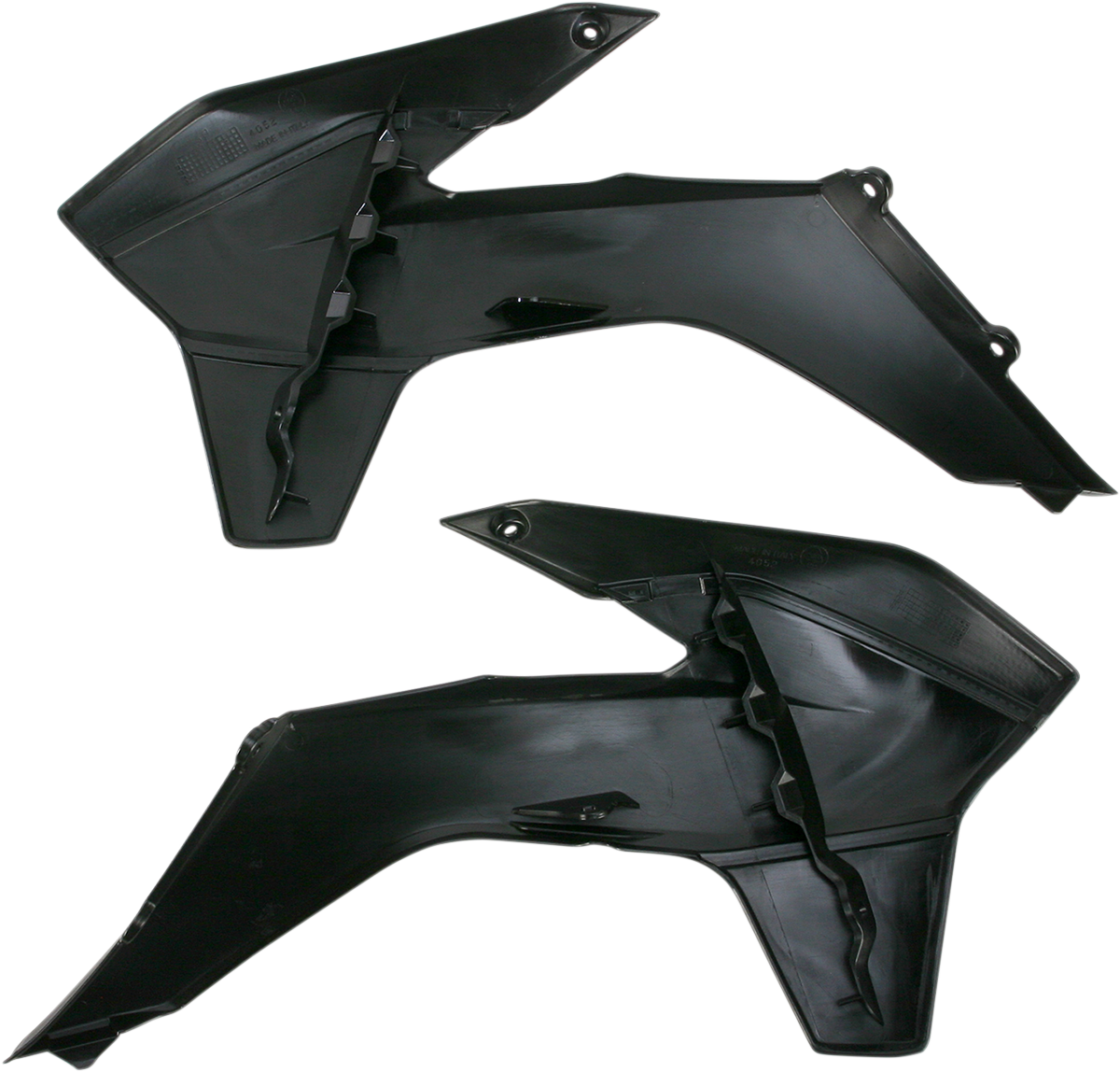 Black ACERBIS radiator shrouds for motorcycle body, designed for durability and a sleek appearance.