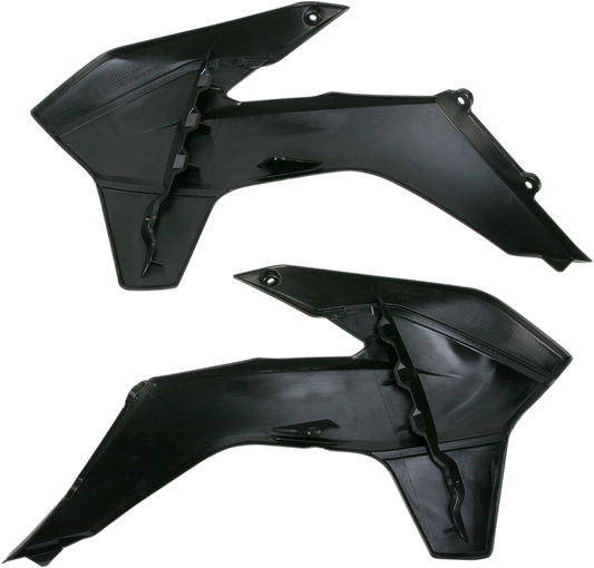 Black ACERBIS radiator shrouds for motorcycle body, designed for durability and a sleek appearance.
