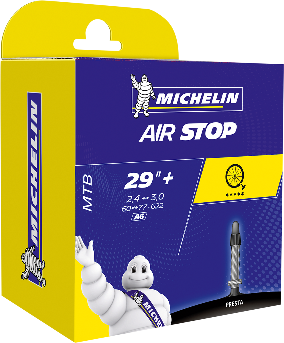 Michelin Air Stop Tube 2.4-3.0x29 inches Presta 40mm for bicycle tires, shown in the image with valve and packaging.