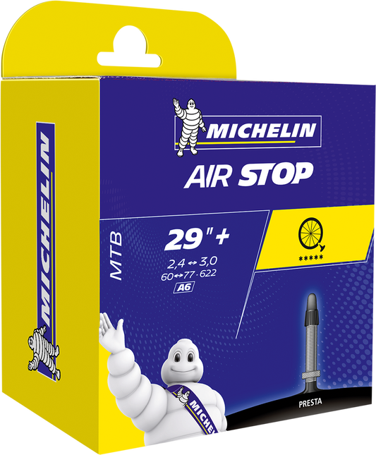 Michelin Air Stop Tube 2.4-3.0x29 inches Presta 40mm for bicycle tires, shown in the image with valve and packaging.