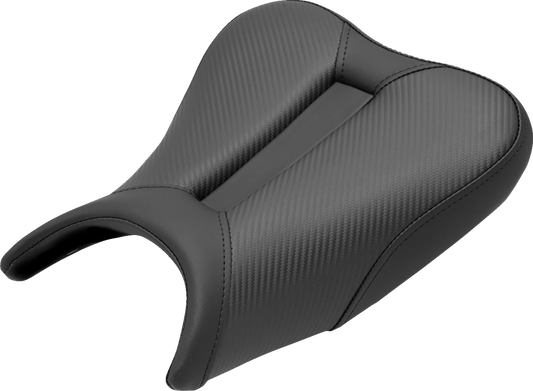 Black SADDLEMEN Track Solo Seat with carbon fiber finish for Ninja 400 '18-'22, designed for high-performance motorcycle seating.