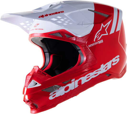 Alpinestars Supertech M8 helmet in gloss red and white with MIPS® technology, size XL, shown from a front angle.