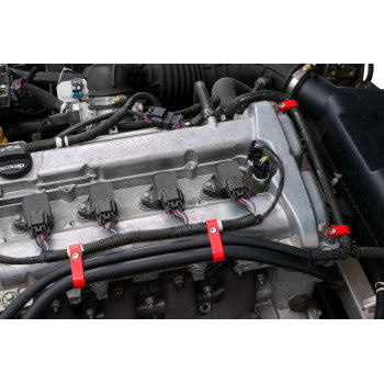 Bill's Exhausts SHOW CHROME Hose Clamp Set for Slingshot 44-101RED, showing shiny chrome clamps with red accents and packaging.