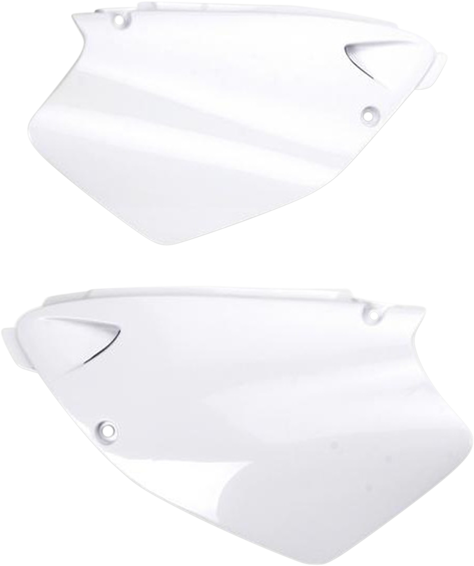 White Acerbis side panels for motorcycle body, designed for durability and a sleek look, shown in the product image.