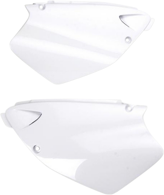 White Acerbis side panels for motorcycle body, designed for durability and a sleek look, shown in the product image.