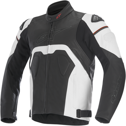 Alpinestars Core leather motorcycle jacket in black and white, US 40 / EU 50, with sleek design and protective features.
