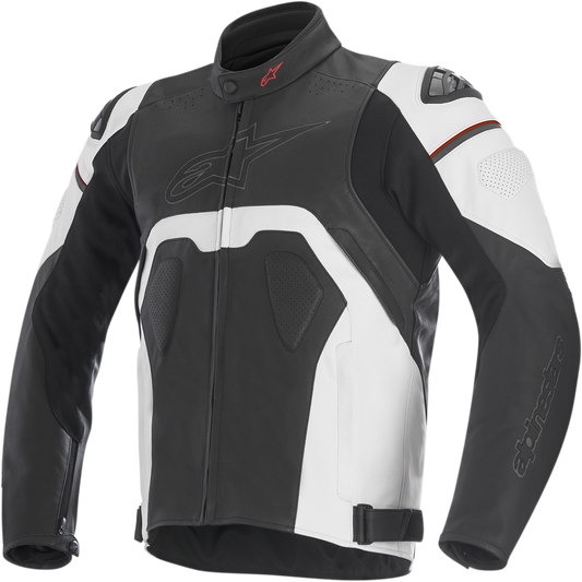 Alpinestars Core leather motorcycle jacket in black and white, US 40 / EU 50, with sleek design and protective features.