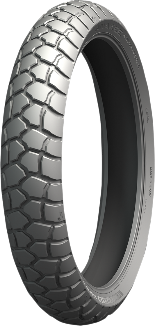 Michelin Anakee Adventure front motorcycle tire 110/80R18 58V with tread pattern, designed for adventure riding.