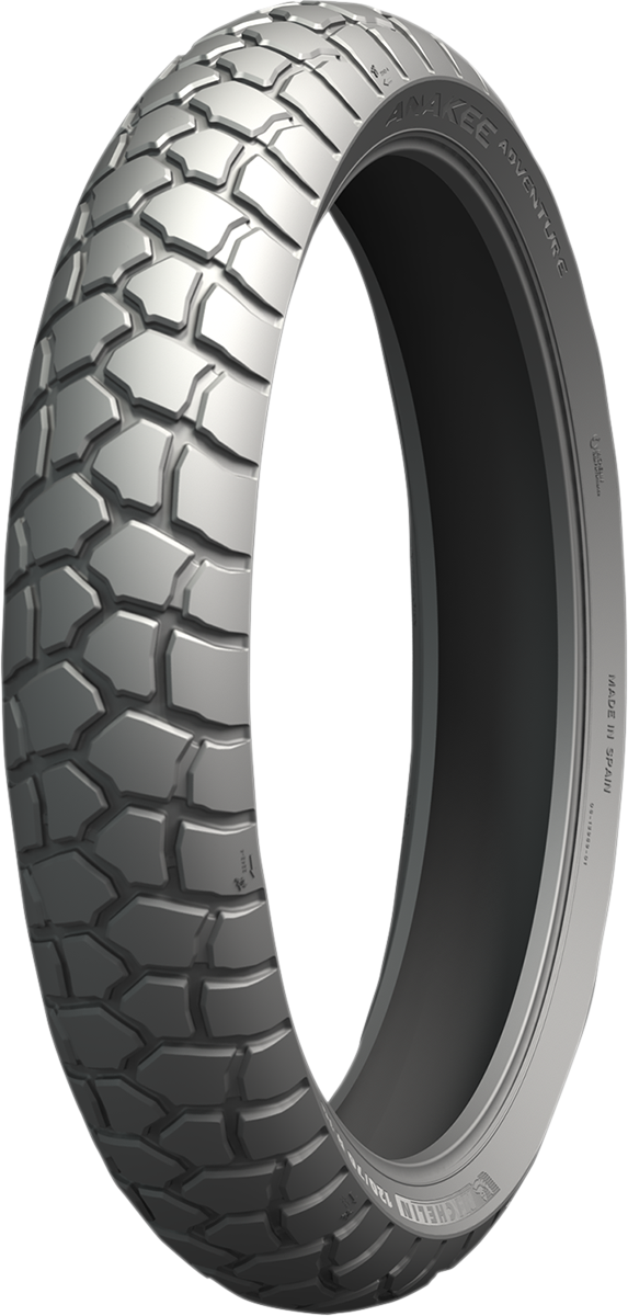 Michelin Anakee Adventure front motorcycle tire 100/90-19 with 57V rating, designed for off-road and adventure riding.