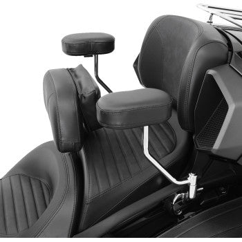 Black Show Chrome Grande Backrest for Can-Am F3 2015-2022, mounted on motorcycle, with padded back support for rider comfort.