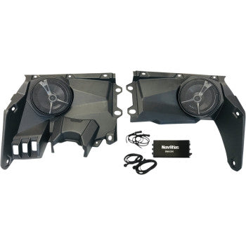Bill's Exhausts NAVATLAS Speaker Pods for Dash Maverick X3 NX365PK installed in vehicle interior, showing sleek black design.