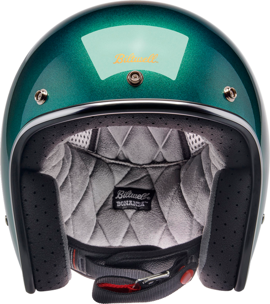 BILTWELL Bonanza helmet in metallic Catalina green, XS size, featuring a sleek shiny finish and classic helmet design.
