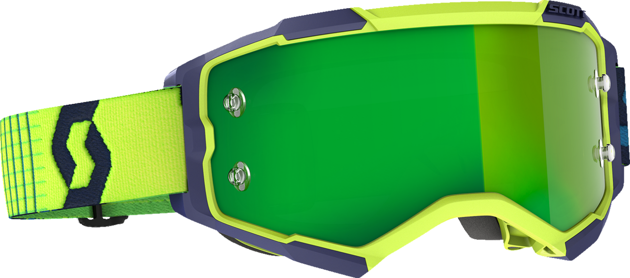 Scott Fury Goggle in blue and yellow with green accents, designed for motorcycle or motocross use, by Bill's Exhausts.