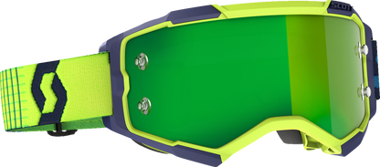 Scott Fury Goggle in blue and yellow with green accents, designed for motorcycle or motocross use, by Bill's Exhausts.