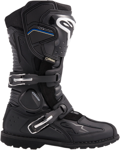 Alpinestars Toucan Gore-Tex motorcycle boots in black, US size 8, featuring waterproof Gore-Tex and durable design.