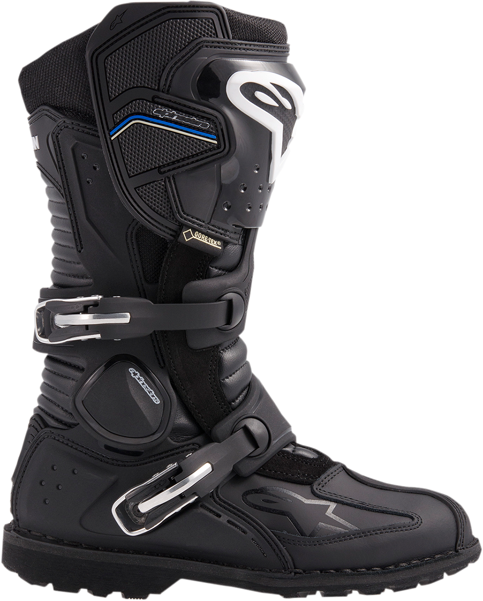 Alpinestars Toucan Gore-Tex motorcycle boots in black, US 12, showing waterproof design and ankle protection.