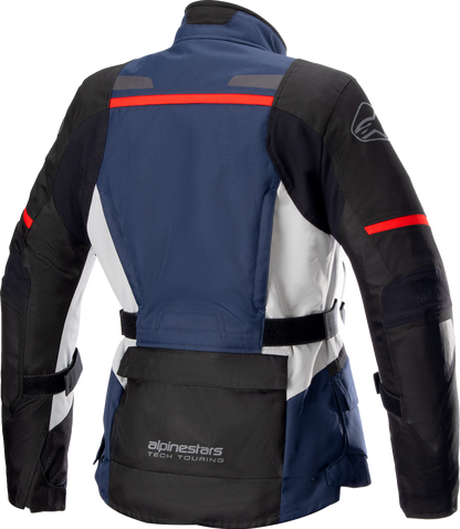 Alpinestars Stella Andes v3 blue and black motorcycle jacket, medium size, featuring protective armor and stylish design.