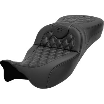 SADDLEMEN Roadsofa™ extended reach motorcycle seat with lattice stitching, carbon fiber finish, for FL models 2008-2023, without backrest.