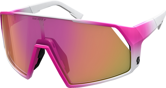 Scott Pro Shield sunglasses in white and pink with pink chrome lenses, featuring a sporty design by Bill's Exhausts.
