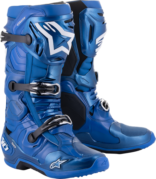 Alpinestars Tech 10 motorcycle boots in blue, US size 8, with protective design and sturdy construction.