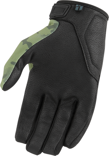 Bill's Exhausts ICON Hooligan CE Gloves in green camo, 2XL size, showing the durable gloves with reinforced fingertips.