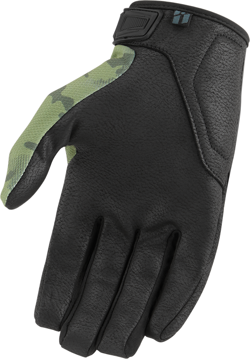 Bill's Exhausts ICON Hooligan CE gloves in green camo, small size, showing the tactical design and durable material.