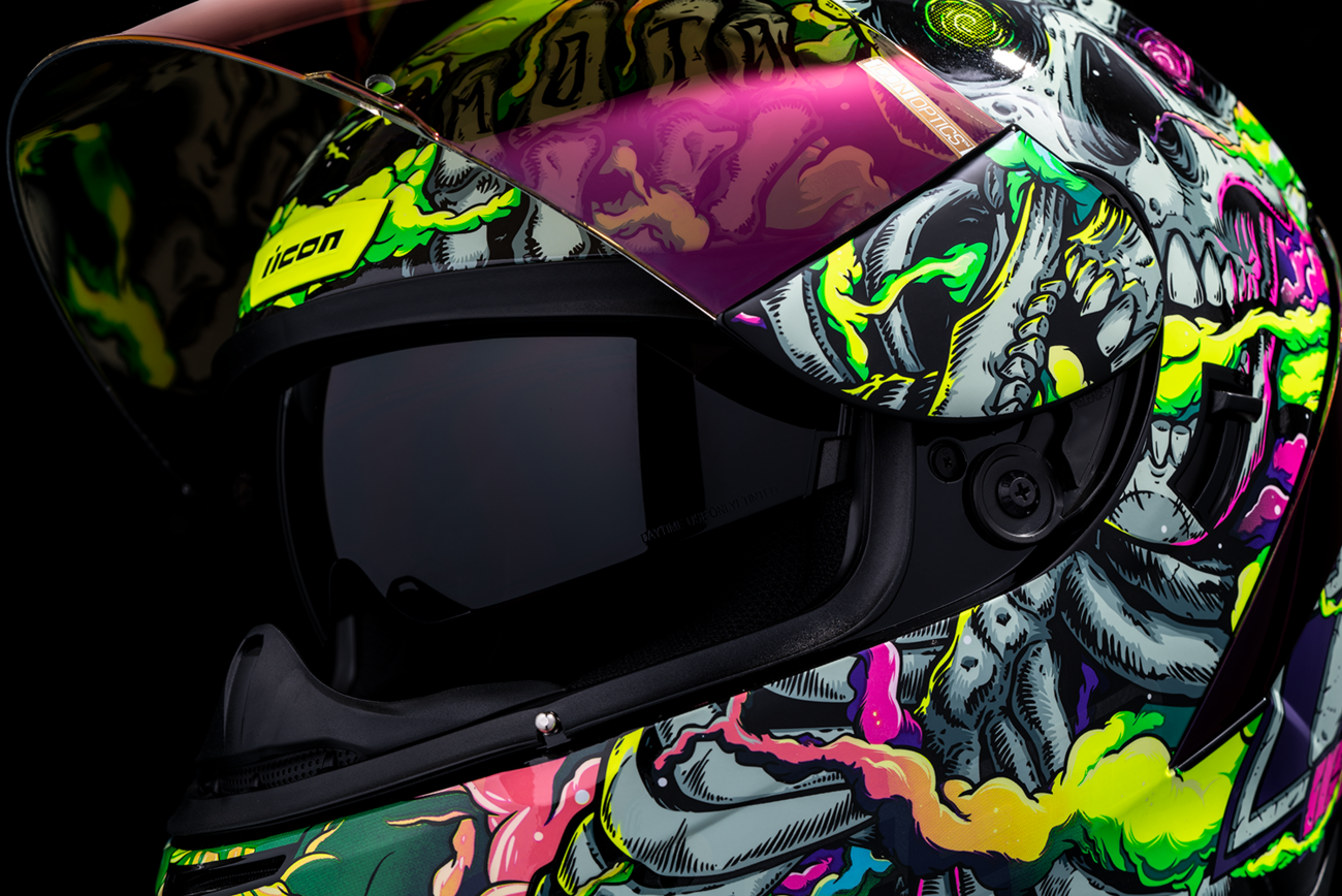 Bill's Exhausts ICON Airform™ Helmet Hippy Dippy purple 2XL helmet with vibrant, psychedelic design and secure strap.