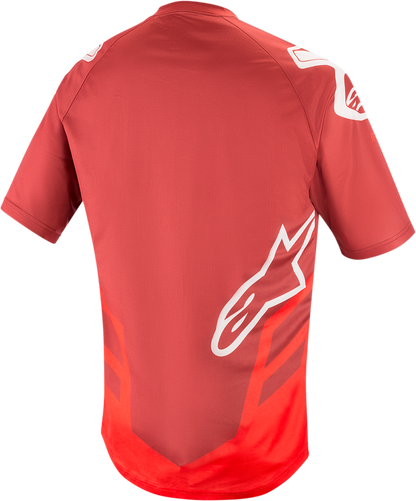 Alpinestars Racer V2 Jersey in burgundy, red, and white, displayed on a mannequin, size small, featuring racing-style design.