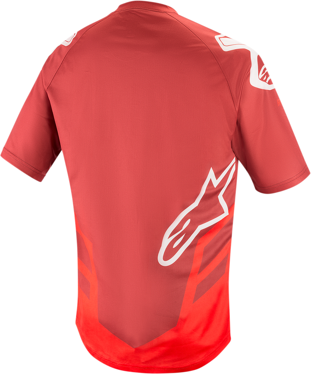 Alpinestars Racer V2 motorcycle jersey in burgundy, red, and white, size 2XL, featuring a sporty design and breathable fabric.