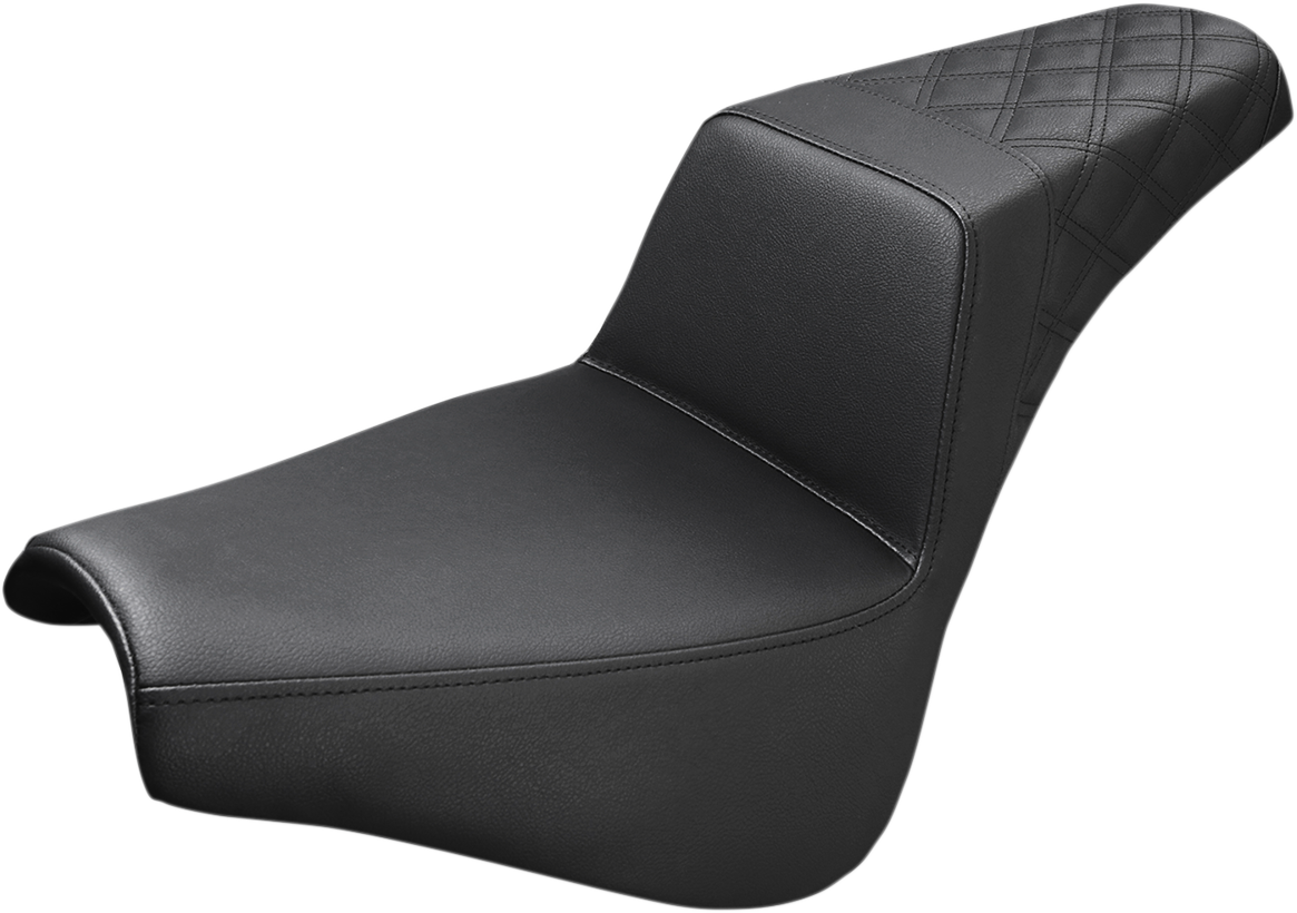 Rear black SADDLEMEN Step-Up Seat with lattice stitch detail, designed for motorcycle comfort and style.