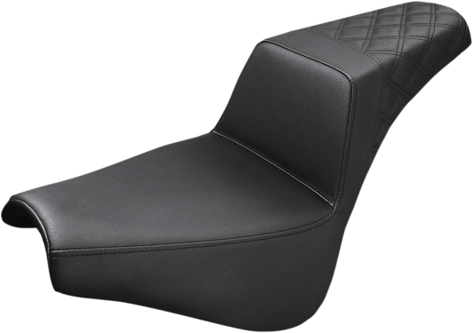 Rear black SADDLEMEN Step-Up Seat with lattice stitch detail, designed for motorcycle comfort and style.