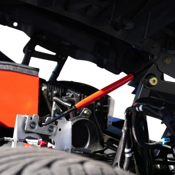 Adjustable SHOW CHROME hood rod from Bill's Exhausts mounted on a Polaris Slingshot for custom outdoor styling.