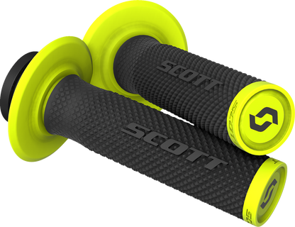 Scott SX II Lock-On grips for bike handlebars in black and yellow, featuring textured rubber for secure grip.