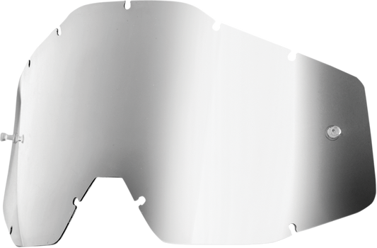 Silver mirror racing lens for Accuri, Strata, and Racecraft helmets, featuring a sleek, reflective finish from Bill's Exhausts.