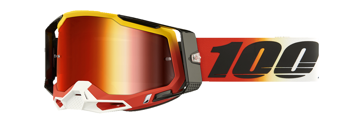 Bill's Exhausts Racecraft 2 Goggles with red mirror lenses, featuring a sleek design and adjustable strap for motocross or racing use.