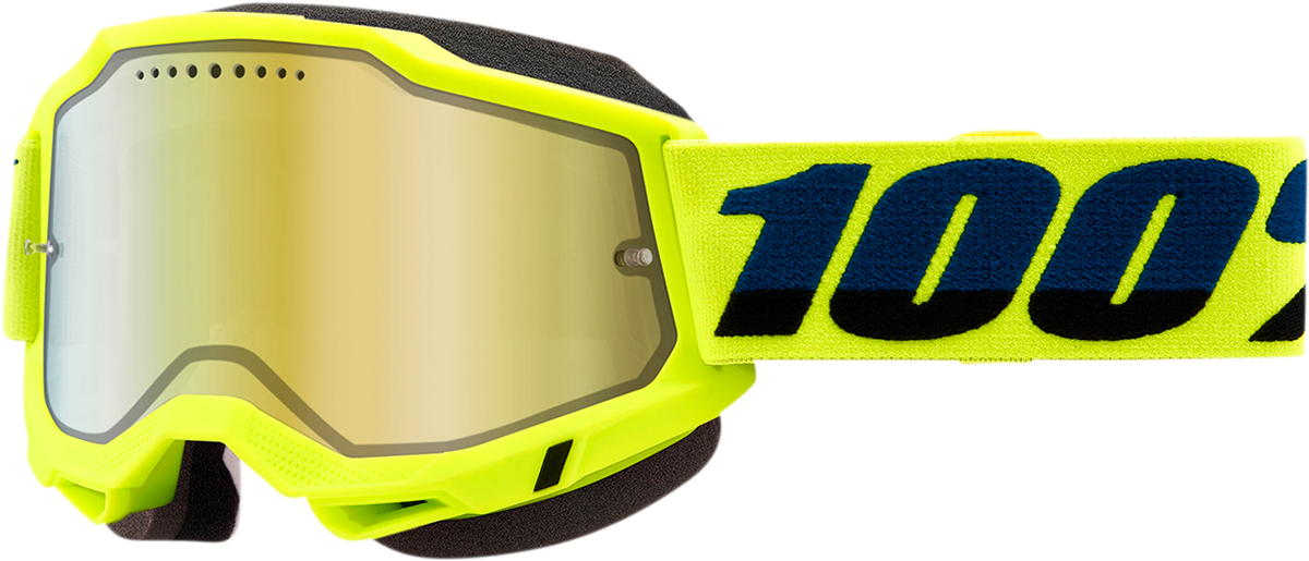 Bill's Exhausts 100% Accuri 2 Snow Goggles in fluo yellow with gold mirror lens, designed for winter sports and snowboarding.