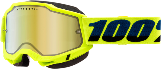 Bill's Exhausts 100% Accuri 2 Snow Goggles in fluo yellow with gold mirror lens, designed for winter sports and snowboarding.