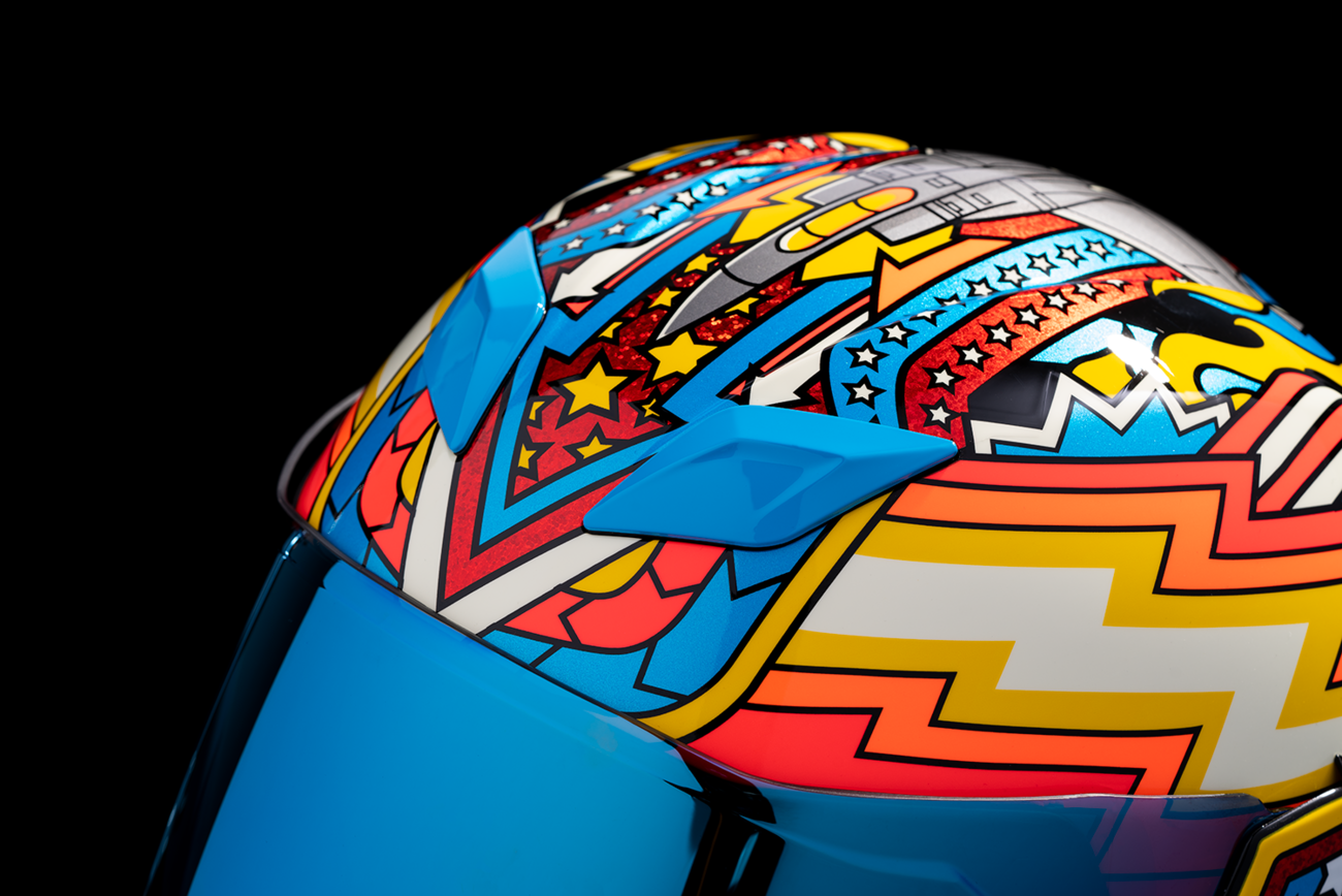 Blue ICON Airflite™ Flyboy helmet in 2XL size with aerodynamic design and graphic details, ideal for motorcycle riders.