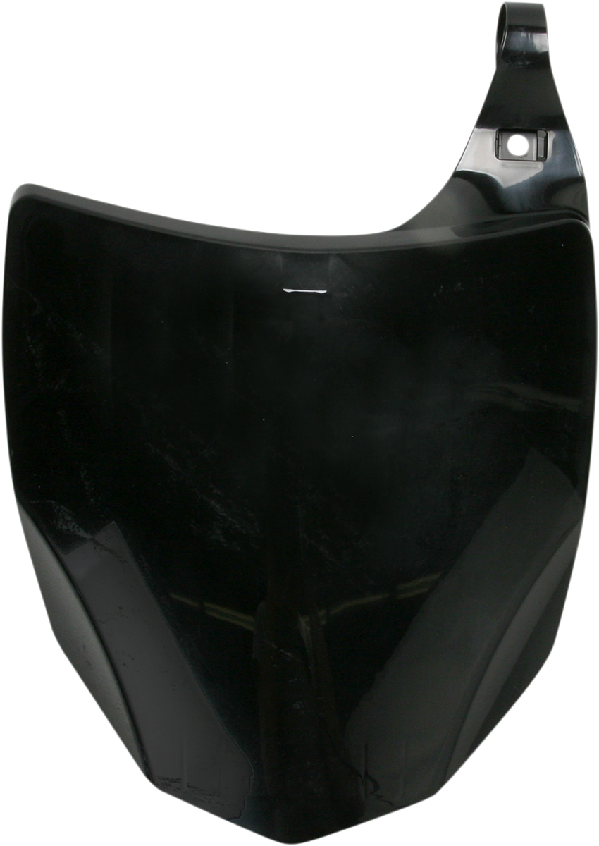A black Acerbis front number plate mounted on a motorcycle body, designed for durability and a sleek appearance.