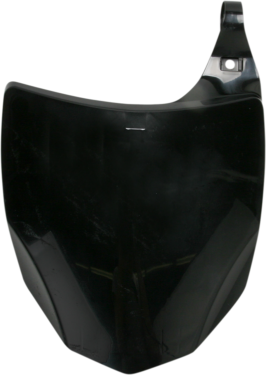A black Acerbis front number plate mounted on a motorcycle body, designed for durability and a sleek appearance.
