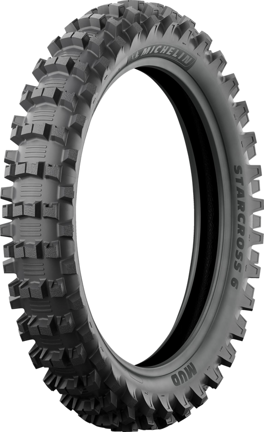 Michelin StarCross 6 Mud rear motorcycle tire, size 100/90-19, with tread pattern suitable for off-road riding.