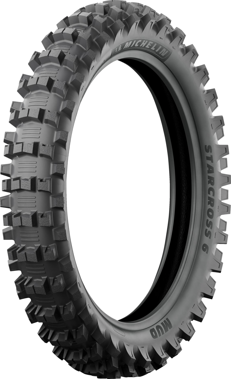 Michelin StarCross 6 Mud rear tire for motorcycles, 110/90-19 size, with deep tread pattern for off-road riding.