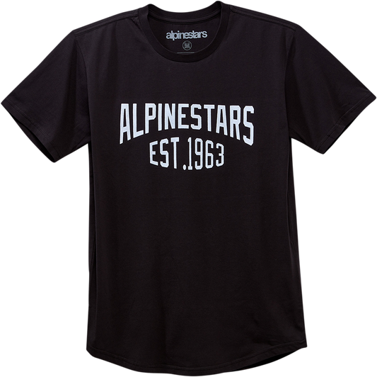 Black Alpinestars arched premium T-shirt in medium size, featuring a sleek design and comfortable fit.