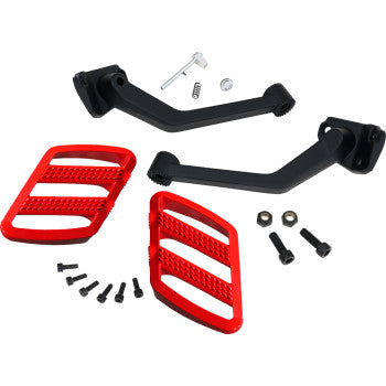 Red Show Chrome combat passenger boards for Can-Am Ryker motorcycle, designed for easy mounting and stylish look.