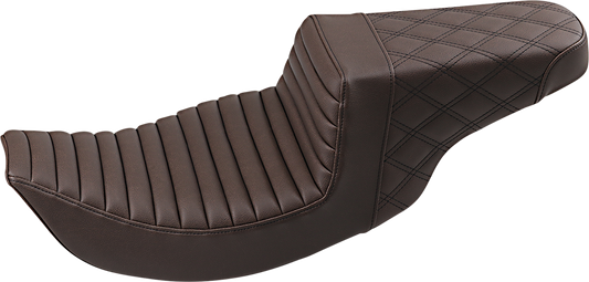 Brown SADDLEMEN Step-Up Seat with tuck-n-roll front and lattice stitch rear for motorcycle, featuring durable design and classic style.