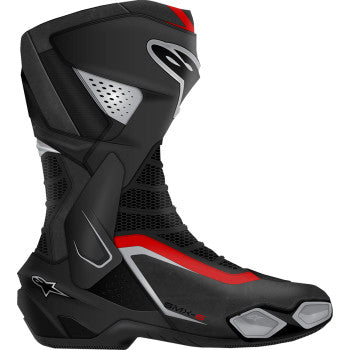 Alpinestars SMX-6 V3 motorcycle riding boots in black, silver, and red with US size 12, showcasing durable design and protective features.