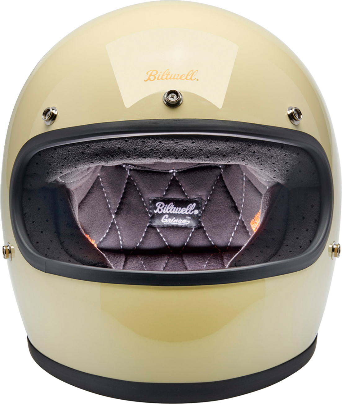 Bill's Exhausts BILTwell Gringo helmet in glossy white, large size, showing the smooth, shiny helmet with ventilation vents.