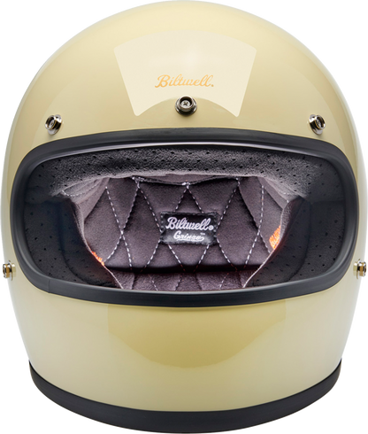 Bill's Exhausts BILTwell Gringo helmet in glossy white, large size, showing the smooth, shiny helmet with ventilation vents.