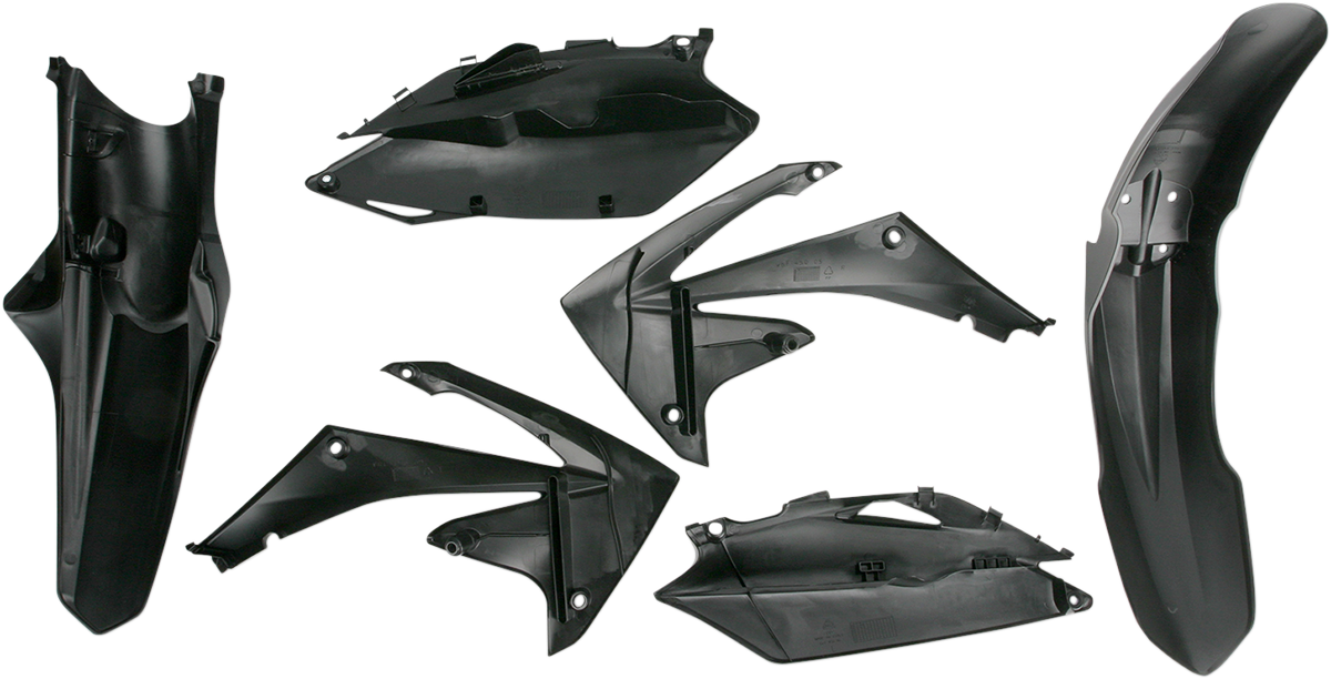 A black Acerbis standard replacement body kit for motorcycles, featuring panels and parts designed for durability and fit.
